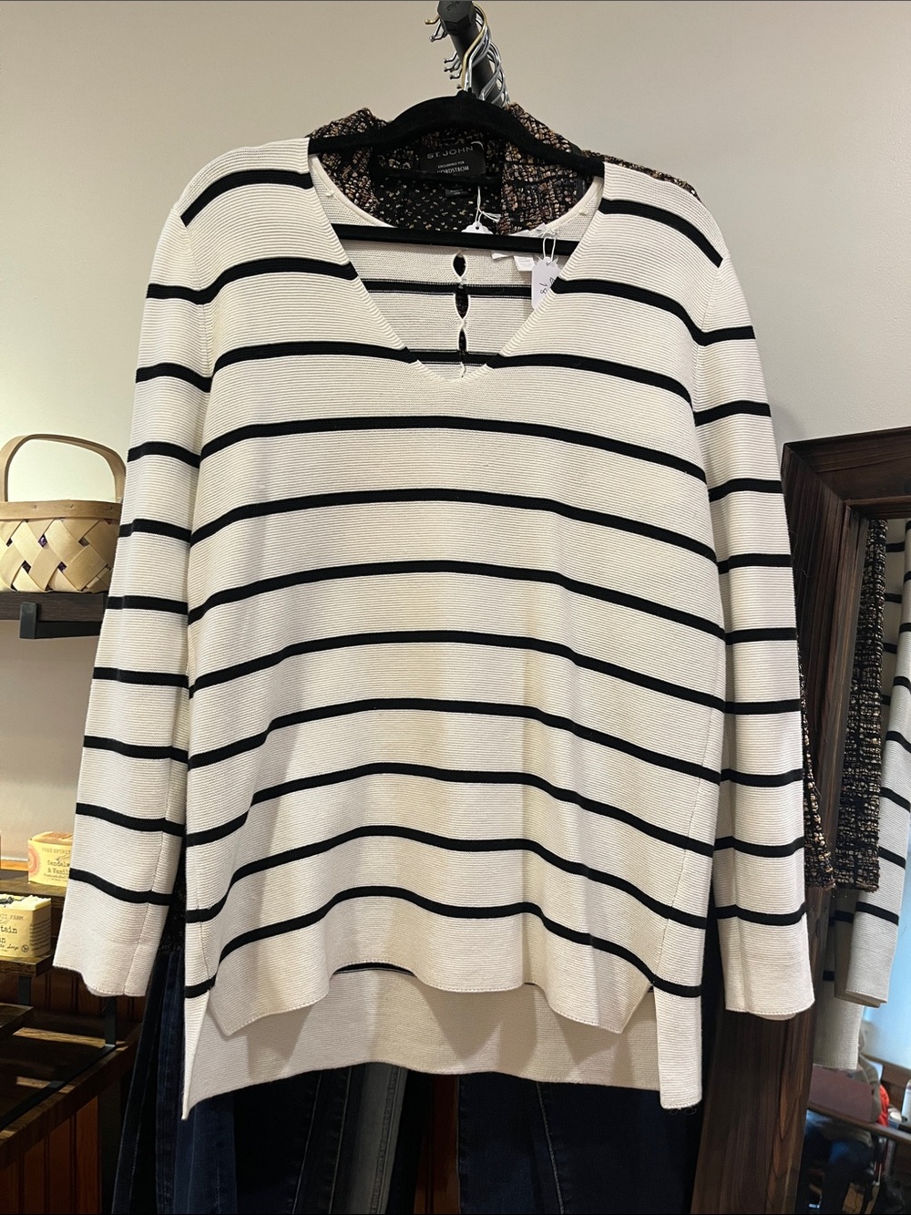 Women’s Black & White Striped V-Neck Sweater